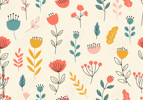 Soft botanical print showcasing a variety of blooming flowers with a calm and relaxing feel