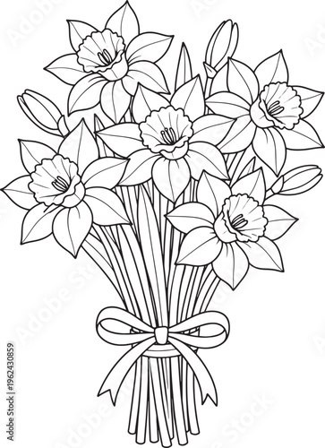 Bouquet of daffodils, flower bundle, line art flowers, black and white illustration, floral design element