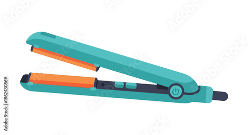 Teal hair straightener with orange plates in modern product photography for beauty and hair care