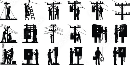 Professional electrician silhouettes performing maintenance on power lines, utility poles, and electrical control boxes for energy infrastructure, industrial repair, and power grid service.