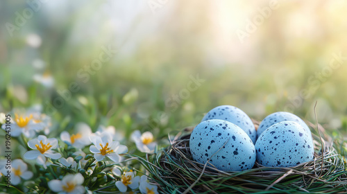A bird's with four speckled blue Easter eggs led among blooming white wildflowers is illuminated by gentle sunlight in a lush green sp meadow.