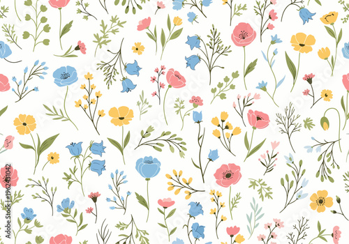 Soft vintage-style floral pattern evoking peaceful countryside mornings filled with blooming beauty