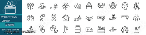 Volunteering and charity outline icon set featuring donation box, food delivery, awareness ribbon, medical ambulance, and more vector illustration on editable stroke