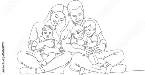 Happy family with three children in continuous line art style, embracing and smiling