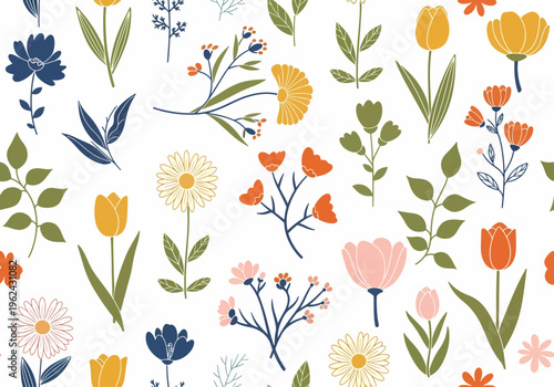 Soft neutral background adorned with vibrant floral clusters and scattered decorative botanical elements