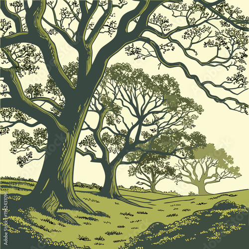 Majestic Ancient Oak Tree Beside a Peaceful River in Lush Green Countryside Vintage Hand Drawn Botanical Landscape Illustration with Rolling Hills Serene Woodland Nature Scenic Artwork Rustic Environm