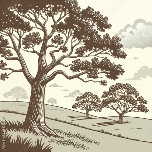 Majestic Ancient Oak Tree Beside a Peaceful River in Lush Green Countryside Vintage Hand Drawn Botanical Landscape Illustration with Rolling Hills Serene Woodland Nature Scenic Artwork Rustic Environm