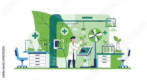 Green Biotechnology Lab: Scientist researching sustainable agriculture, renewable energy, and eco-friendly plant growth for environmental innovation.
