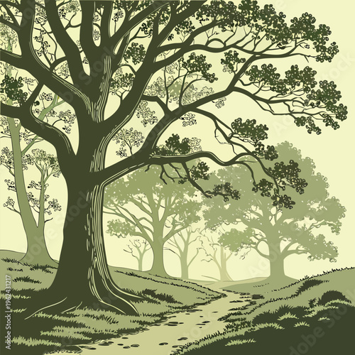 Majestic Ancient Oak Tree Beside a Peaceful River in Lush Green Countryside Vintage Hand Drawn Botanical Landscape Illustration with Rolling Hills Serene Woodland Nature Scenic Artwork Rustic Environm