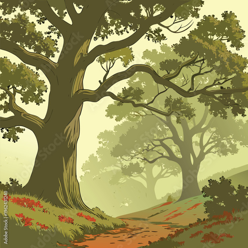 Majestic Ancient Oak Tree Beside a Peaceful River in Lush Green Countryside Vintage Hand Drawn Botanical Landscape Illustration with Rolling Hills Serene Woodland Nature Scenic Artwork Rustic Environm