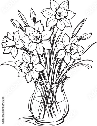 Black and white daffodils bouquet, vase illustration, line art flowers, spring floral arrangement