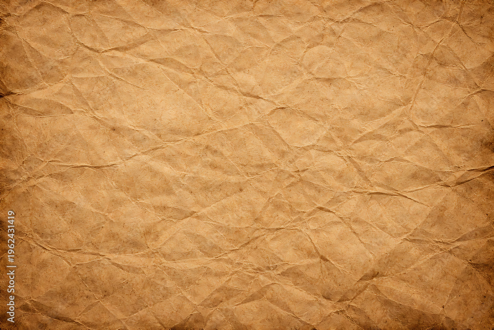 Fototapeta premium Vintage brown crumpled paper texture background old parchment craft sheet wrinkled fold surface rustic antique design backdrop