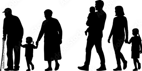 Three generations of family walking together, black silhouettes on a clean white background.