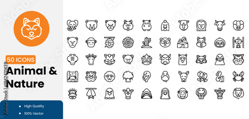 Collection of animal and nature icons in line style