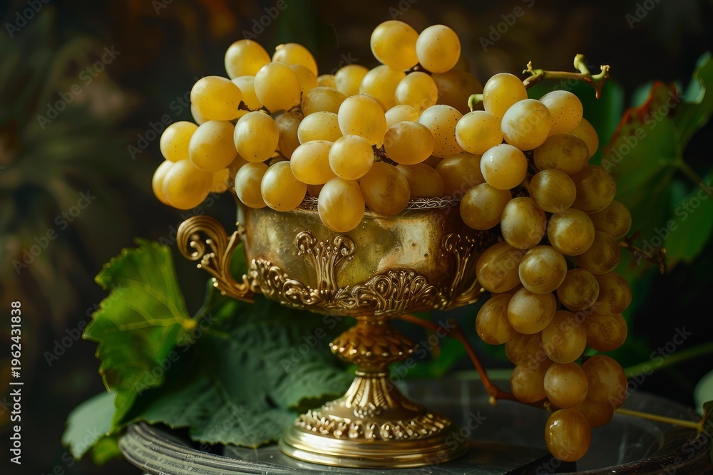 Obraz premium Ripe white grapes cascading from an ornate golden chalice, adorned with vine leaves, evoke a sense of abundance and harvest