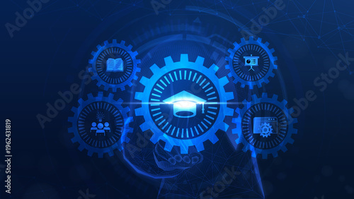 Abstract blue technology theme featuring gears and education symbols, representing innovation, learning, and digital transformation in modern education.