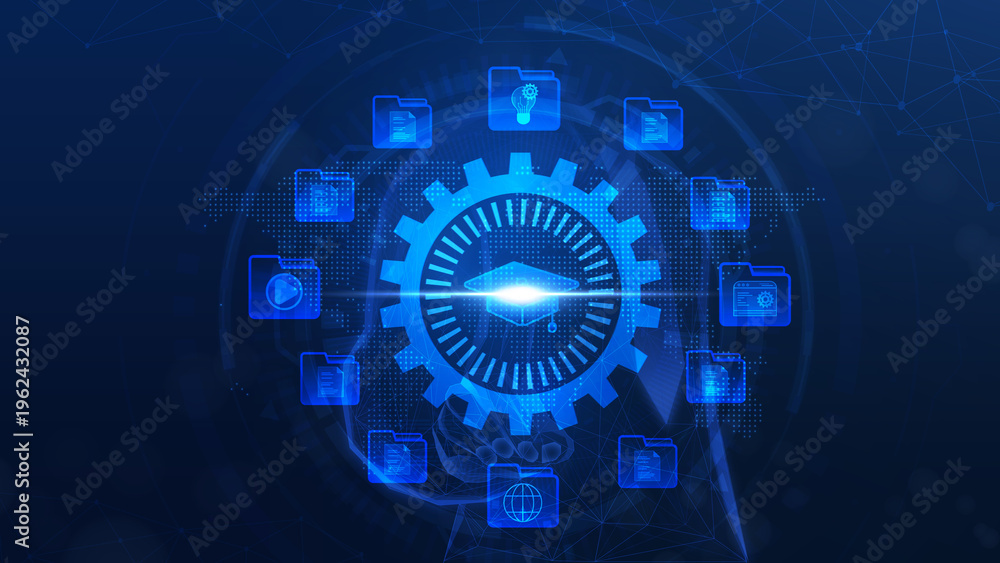 Obraz premium An abstract representation of technological innovation featuring a gear surrounded by icons, symbolizing digital advancements and automation.