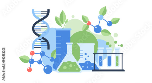 Modern Science & Biotechnology Concept: DNA, Chemistry Lab Equipment, and Green Research Innovation