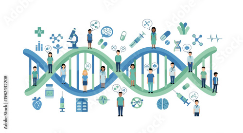Genetic Healthcare & Research Concept with Diverse Medical Team and Patients on DNA Helix