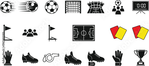 A set of stylized black icons illustrates fast-moving soccer balls, corner flags, team silhouettes, and referee equipment on a white background.