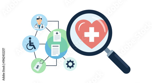 Healthcare System Analysis & Search: Medical Records, Patient Care, Doctor, Costs, and Management Icons
