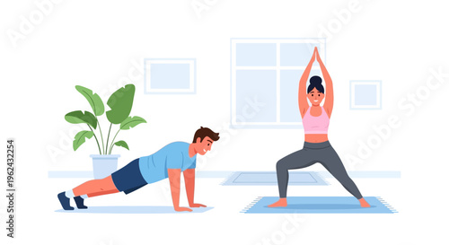 Happy Couple Doing Home Workout: Yoga and Plank Exercises for Health, Fitness & Wellness. Vector Illustration