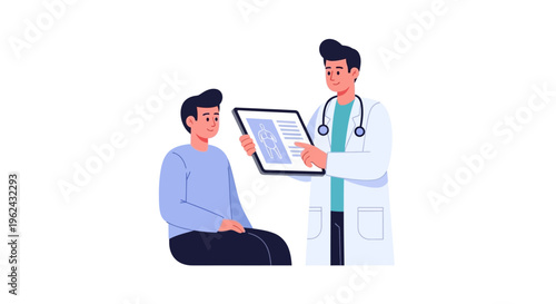 Doctor and Patient Consultation: Physician Explains Medical Data on Tablet to Man