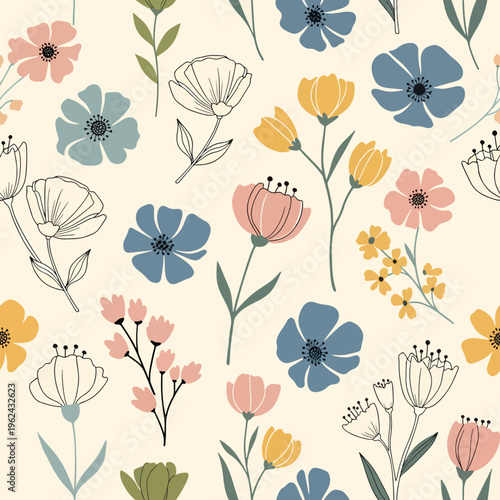 Softly colored flowers arranged in a harmonious botanical illustration with gentle energy