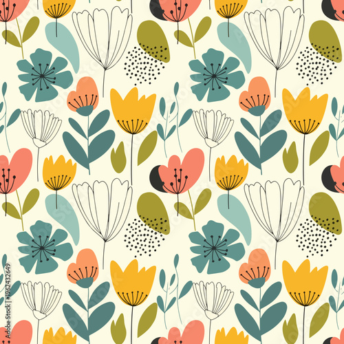 Artistic floral arrangement bringing together stylized blossoms and flowing leafy accents