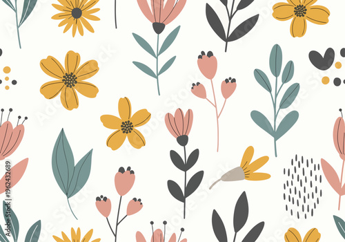 Delicate blossoms and leaves forming a seamless repeating pattern with a calming atmosphere
