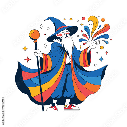 Colorful Wizard Character Magic Spell Vector Illustration