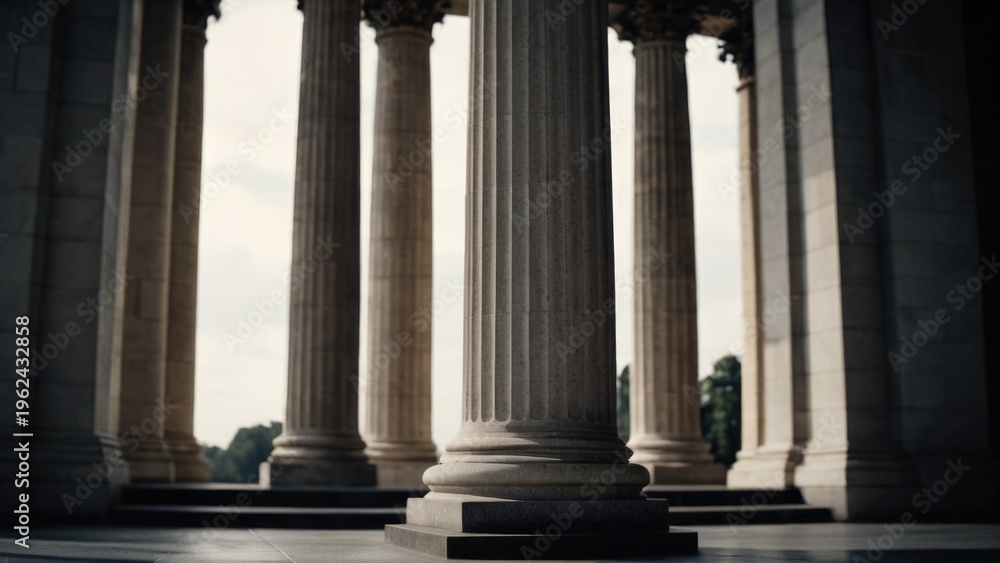 Obraz premium A group of pillars in a building with a clear blue sky background, suitable for architecture or infrastructure use