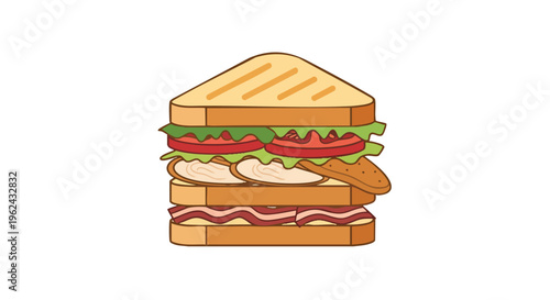 An illustrated sandwich, stacked high with fillings, arranged in layers. Features crispy bacon, sliced tomatoes, lettuce, and chicken on toasted bread
