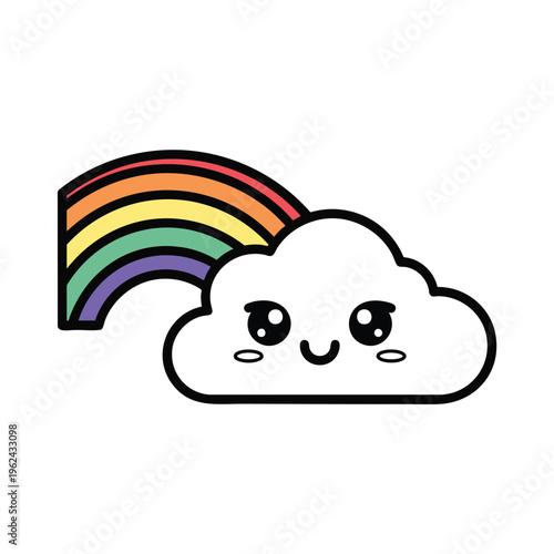 A cartoon image featuring a smiling cloud with large eyes, a curved mouth, and a rainbow. The rainbow has bands of various colors