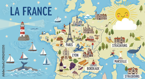 Illustrated Map of France with Major Landmarks, Cities, and Iconic Symbols