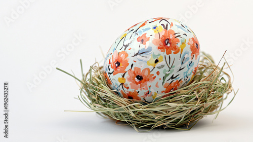 A beautifully decorated Easter egg with a floral pattern sits led in a small bird's against a clean white background, symbolizing sptime cheerfulness.