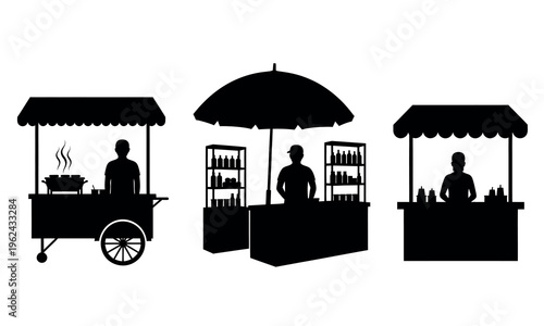 Silhouette of working exocrines food carts vendors selling delicious street food