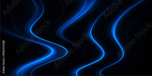 A vibrant blue fractal wave flows with glowing light and motion, creating an artistic backdrop of bright energy and colorful lines against a dark texture for a modern wallpaper design