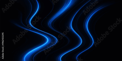 Dynamic flowing blue waves with glowing fractal lines create a futuristic motion pattern of light and energy against a dark textured space background for an abstract vector art design