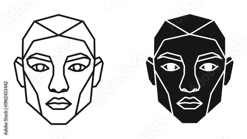 Contrasting geometric and filled stylized human face portraits in black and white