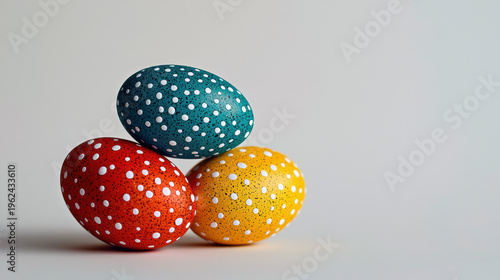 Three vibrantly colored Easter eggs with white polka dots are stacked in a pyramid against a soft, neutral background, evoking sptime and celebration.