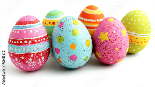 A group of brightly colored and decorated Easter eggs, featu intricate designs and vibrant hues, are arranged on a clean, white surface for celebration.