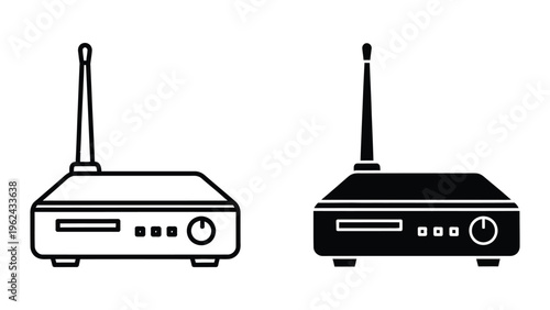 Two different styles of wireless routers with antennas shown in black and white