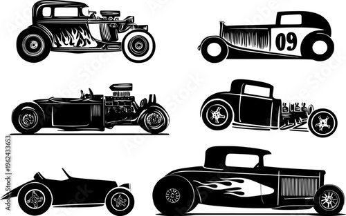 Set of classic hot rod coupe cars with exaggerated wheels, bold outlines, exposed engines and streamlined vintage profiles