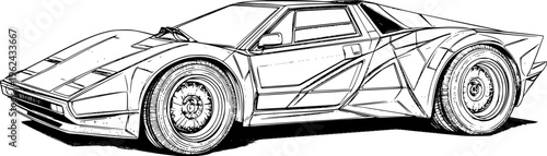 Detailed outline drawing of a retro sports car with large racing wheels and aerodynamic body for automotive design sketch, coloring page, and engineering illustration