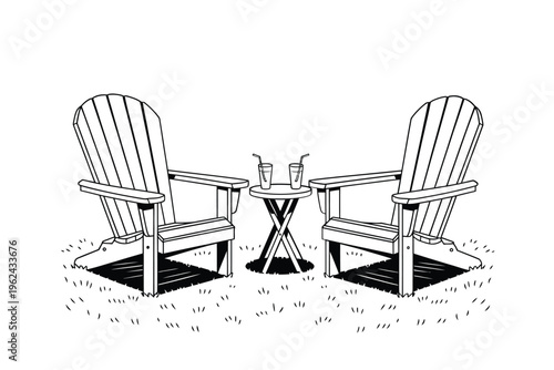 A simple black and white illustration depicts two adirondack chairs and a small side table with drinks