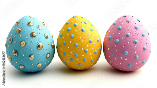 Three decorated Easter eggs in pastel colors of blue yellow and pink are displayed in a row on a white background ready for a festive sp holiday celebration.