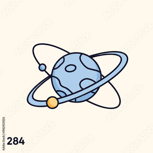 A cartoon illustration of a blue planet with orbital rings and small objects floating around it, set on a beige backdrop