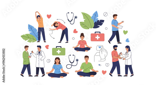 Comprehensive Health & Wellness Concept: Medical Care, Healthy Lifestyle, Exercise, and Mindfulness. Flat Vector Illustration for Well-being.