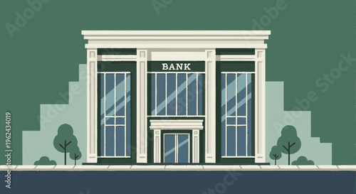 Classic Bank Building with Columns and Sign.